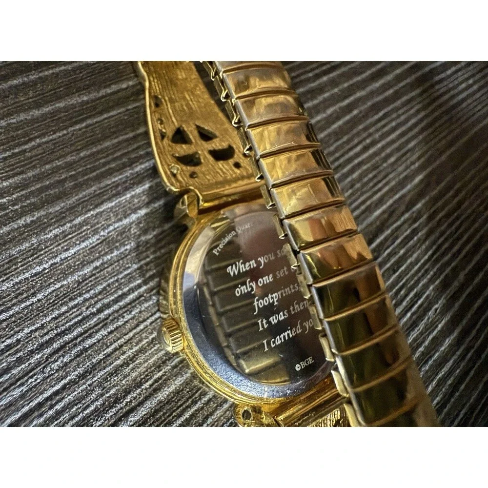 Mother Of Pearl Womens Gold Tone Cross Watch Stretch Christian Band New Battery